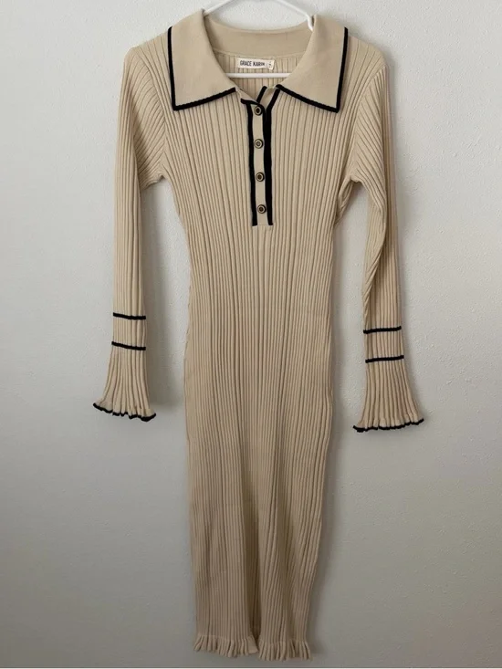 Grace Karin Cream Ribbed Polo-Collar Midi Dress with Contrast Trim - Picture 2 of 6